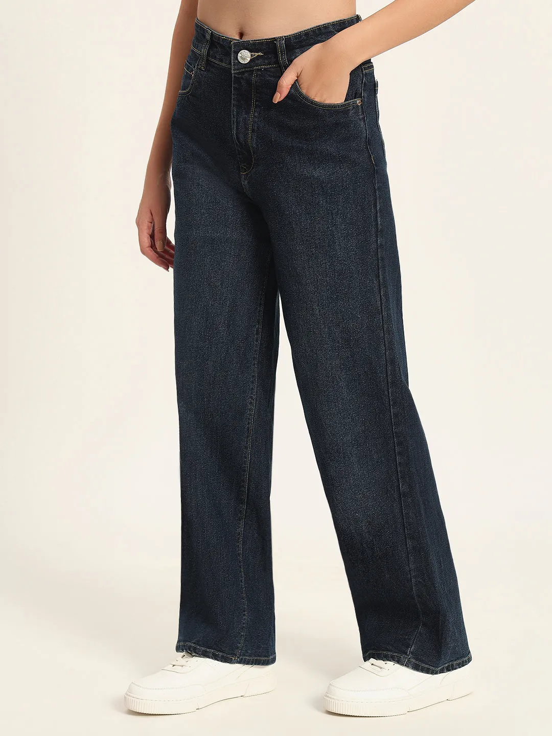 WOMEN BLACK WIDE LEG STRETCHABLE JEANS