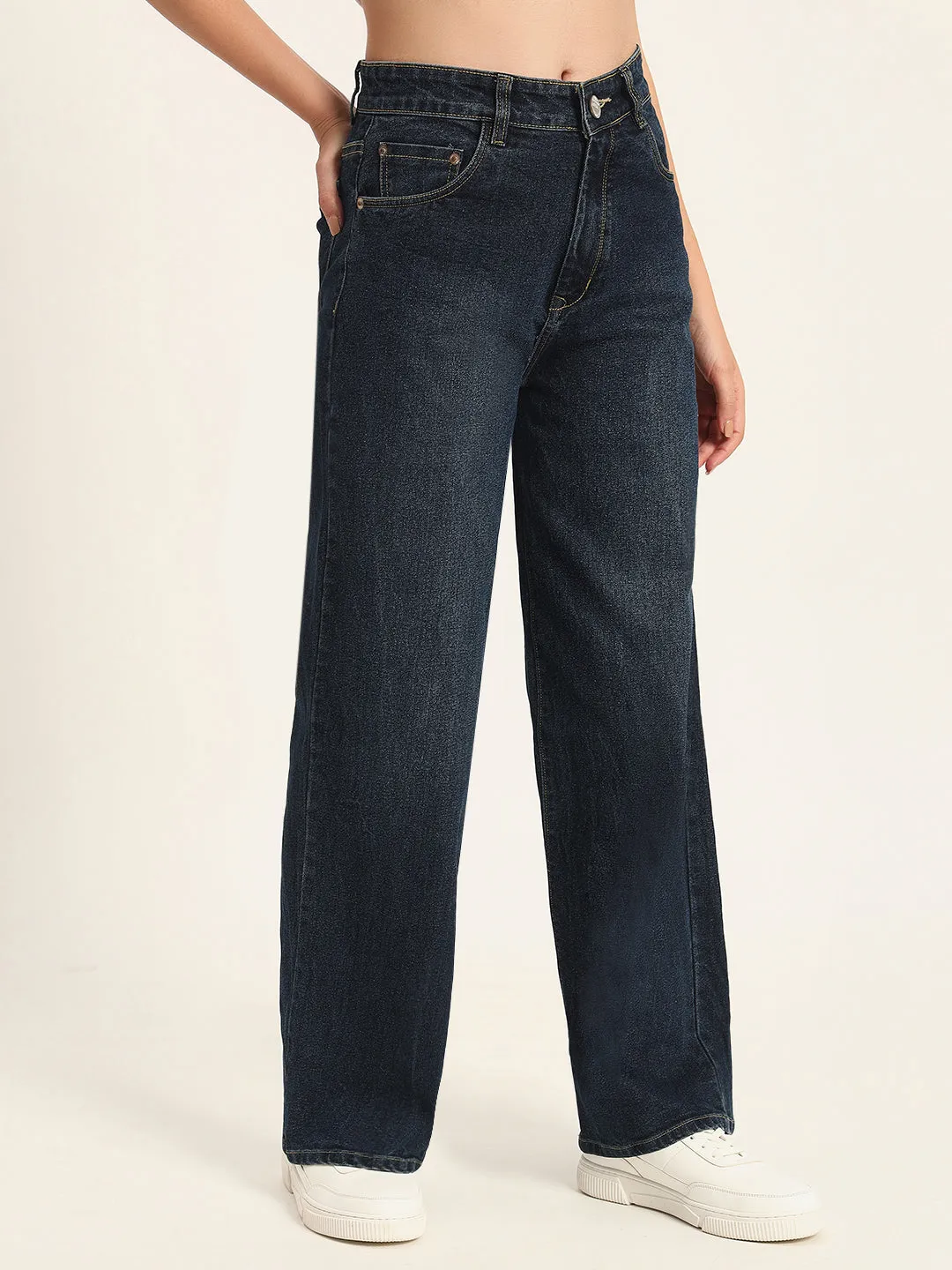WOMEN BLACK WIDE LEG STRETCHABLE JEANS
