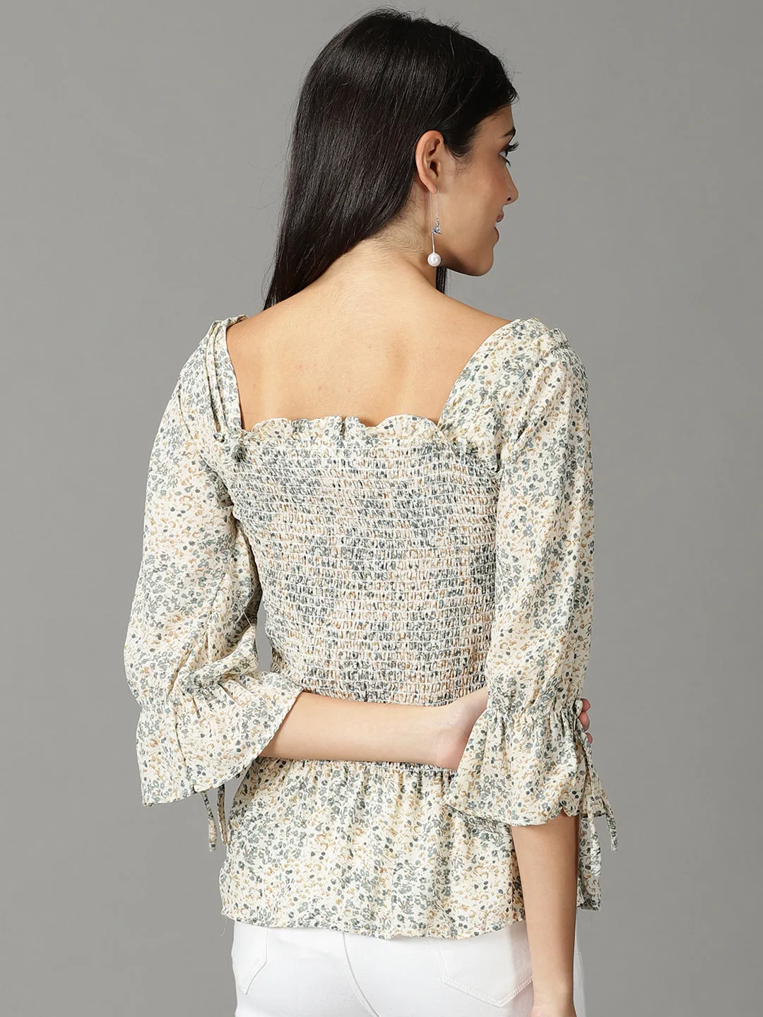 Women Off White Floral Printed Square Neck Peplum Top