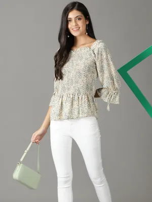 Women Off White Floral Printed Square Neck Peplum Top