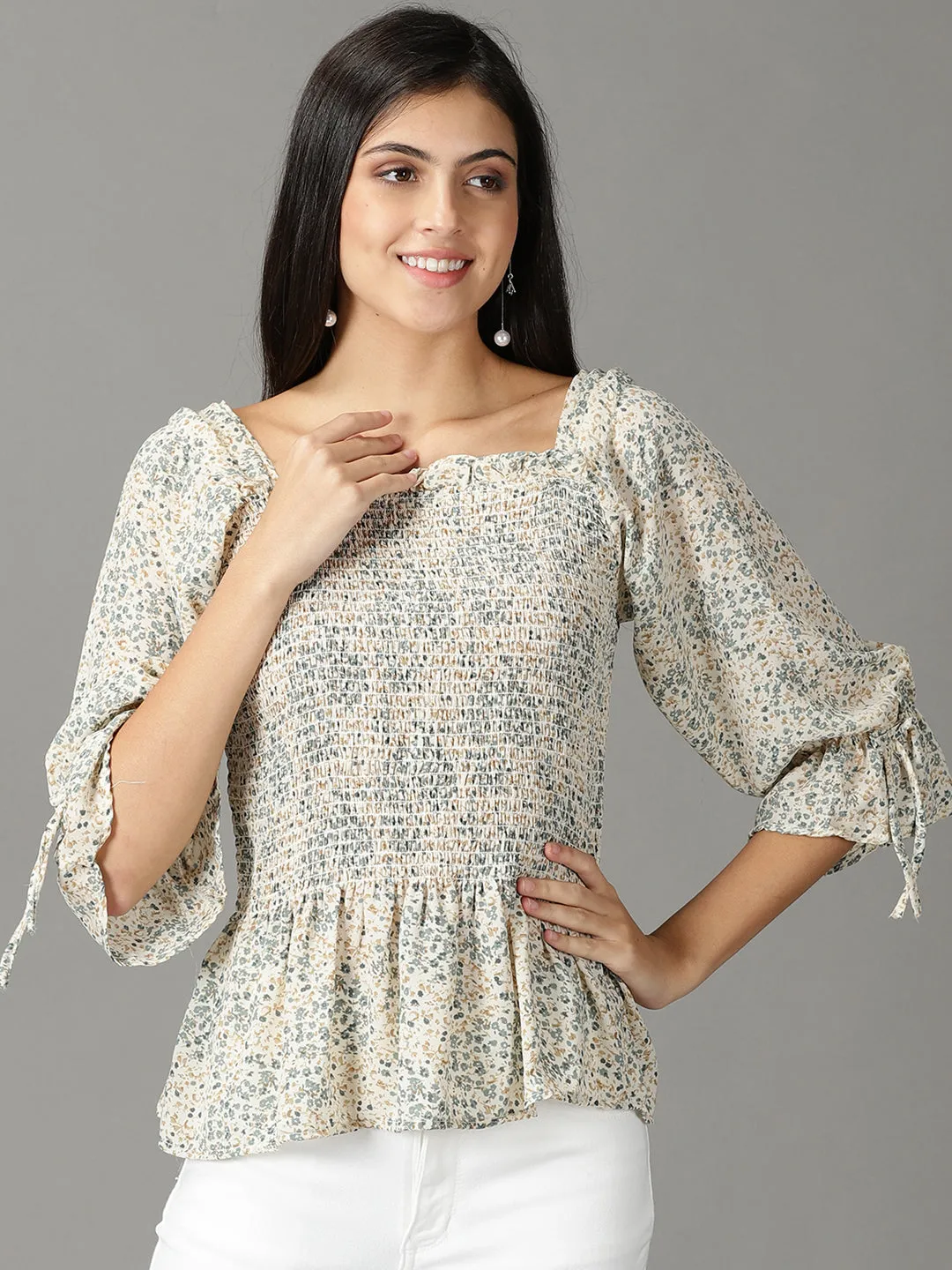 Women Off White Floral Printed Square Neck Peplum Top