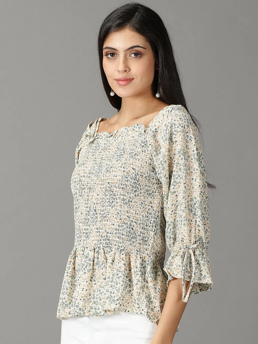 Women Off White Floral Printed Square Neck Peplum Top