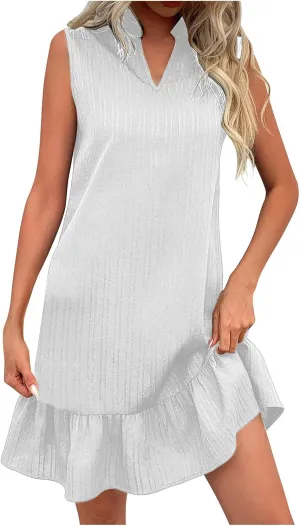 Women Summer Dress Ruffle Hem Split V Neck Mini Dresses 2025 Fashion Casual Sleeveless Boho Beach Vacation Sundress