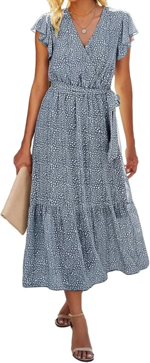 Womens Boho Dresses Summer Lightweight V Neck Ruffle Short Midi Dress Flowy Lace Up Tunic Floral Ruffle Hem Dresses