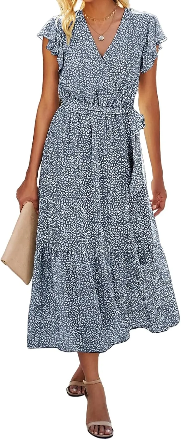 Womens Boho Dresses Summer Lightweight V Neck Ruffle Short Midi Dress Flowy Lace Up Tunic Floral Ruffle Hem Dresses