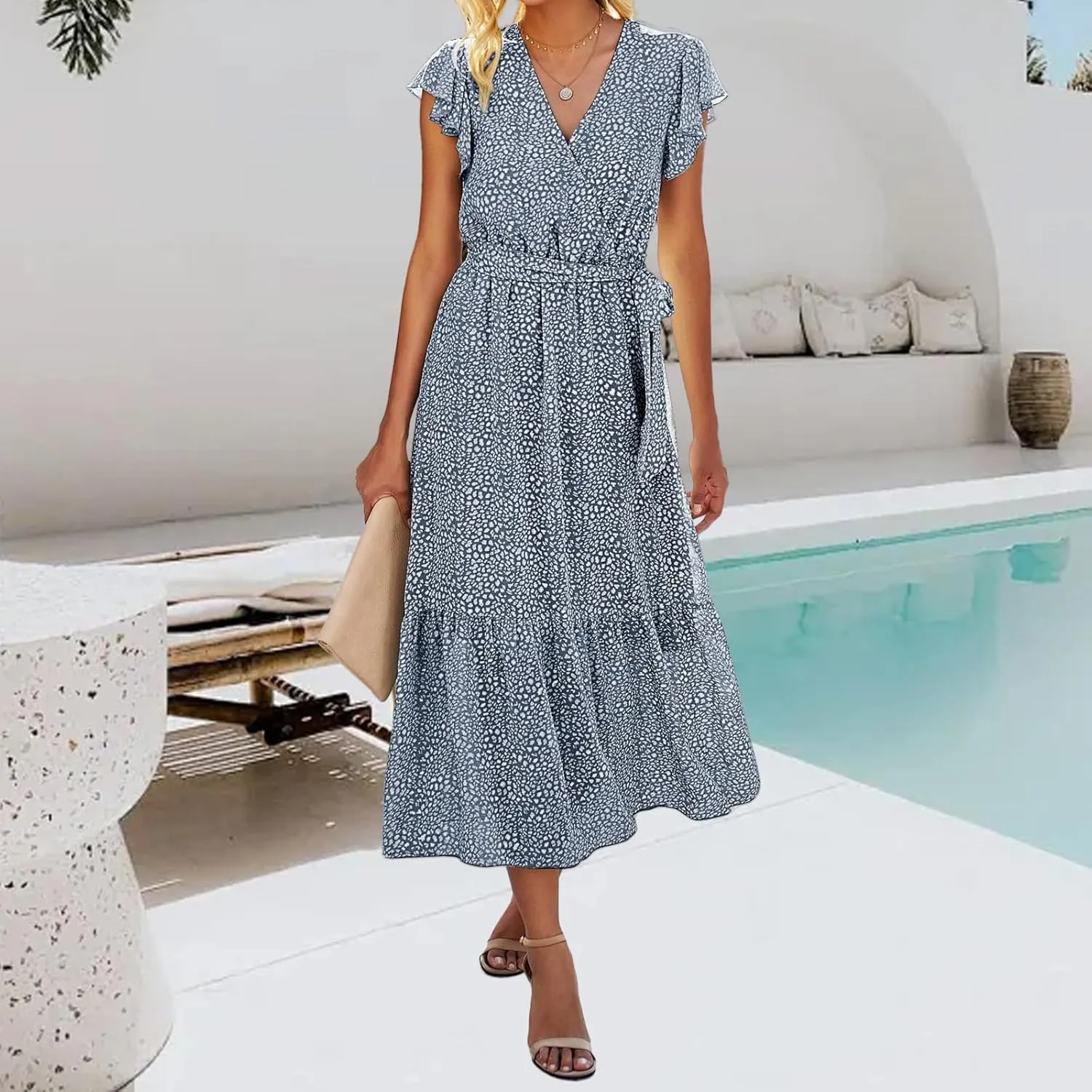 Womens Boho Dresses Summer Lightweight V Neck Ruffle Short Midi Dress Flowy Lace Up Tunic Floral Ruffle Hem Dresses