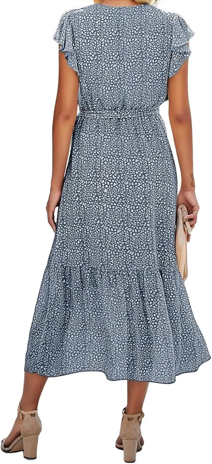Womens Boho Dresses Summer Lightweight V Neck Ruffle Short Midi Dress Flowy Lace Up Tunic Floral Ruffle Hem Dresses