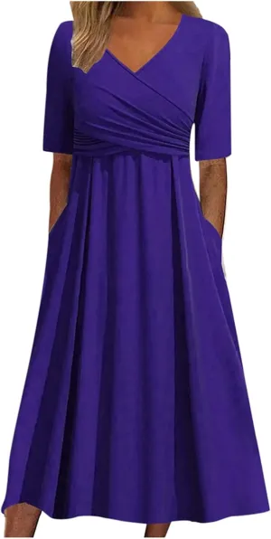 Women's Boho Floral Flowy A Line Midi Dress Casual Loose Summer Short Sleeve Beach Vacation Dresses with Pockets, Large, Zd-purple