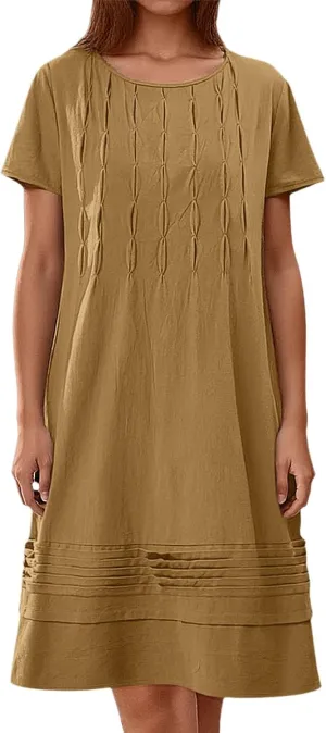 Women's Cotton Linen Midi Dress Plus Size Cap Sleeve Pleated Summer Dresses Vacation 2025 Crew Neck Casual Dress for Women