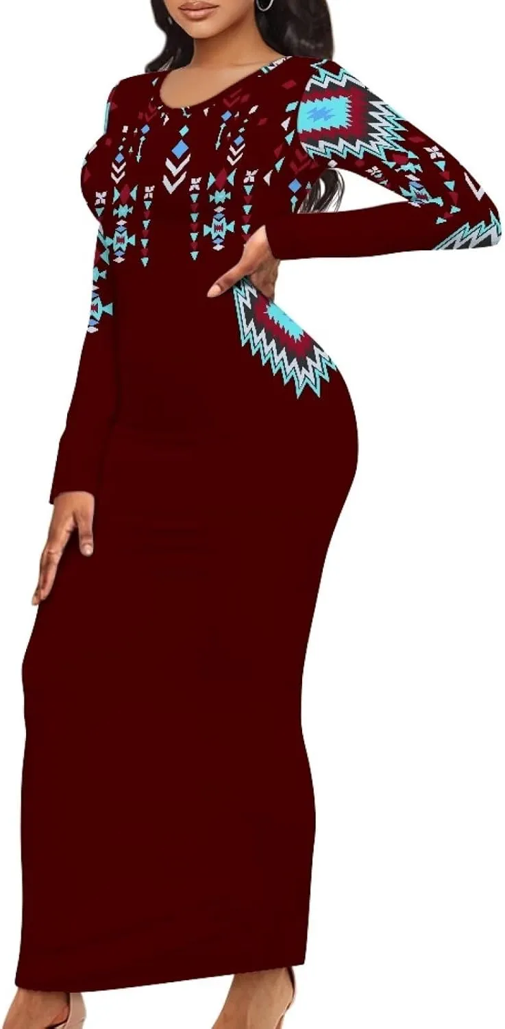 Women's Solid Long Sleeve Scoop Neck Pencil Bodycon Maxi Dress
