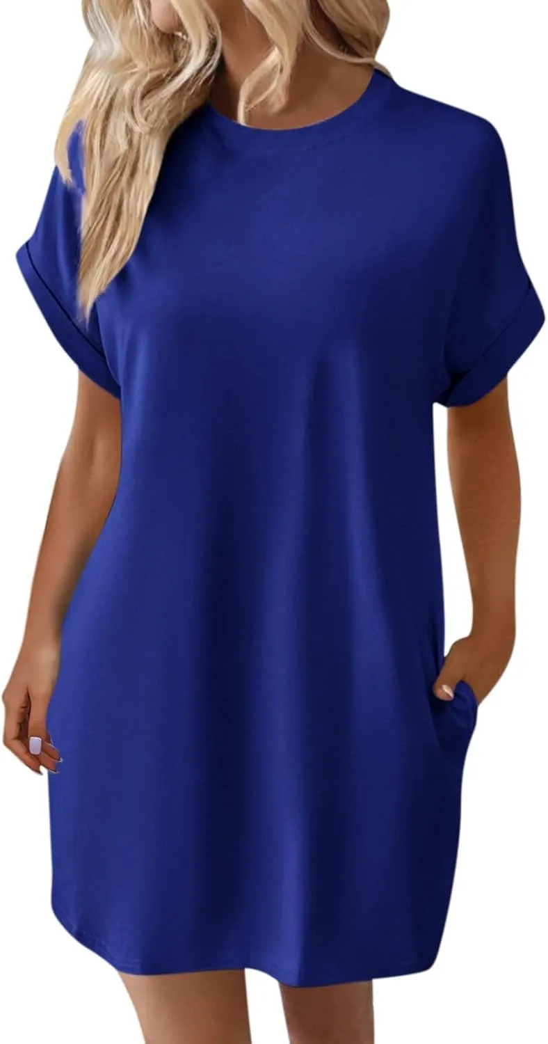 Women's Summer Dress Crewneck Short Sleeve Mini Dresses Batwing Casual Beach Vacation Tshirt Dresses with Pockets