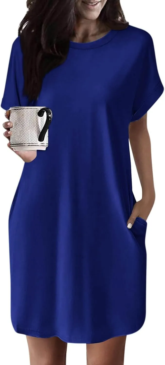 Women's Summer Dress Crewneck Short Sleeve Mini Dresses Batwing Casual Beach Vacation Tshirt Dresses with Pockets