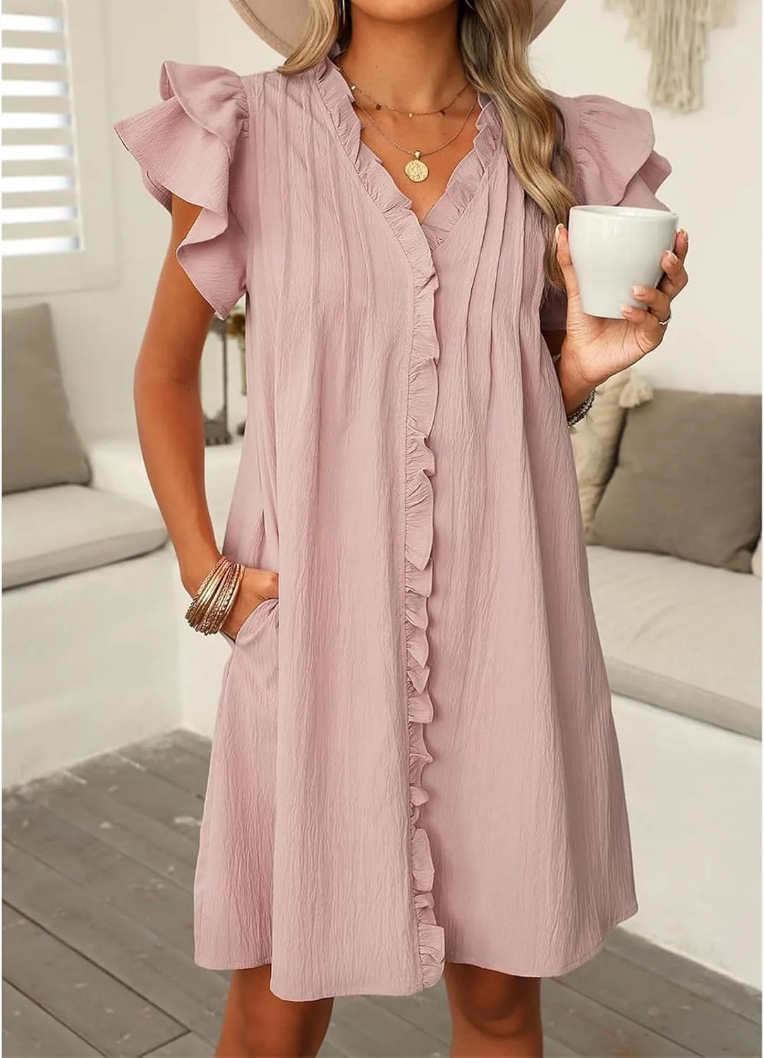 Womens Summer Dresses Flowy Comfy Ruffle Sleeve V Neck Mini Dress Casual Loose Solid Color Pleated Beach Sunderss