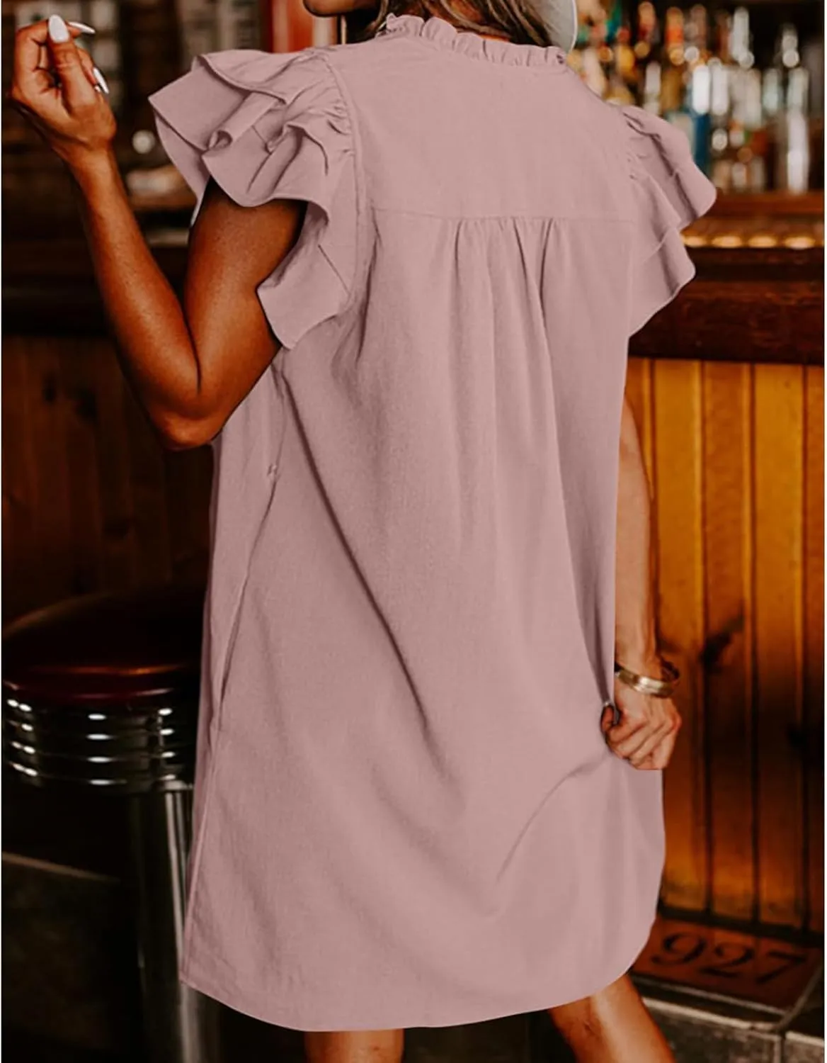 Womens Summer Dresses Flowy Comfy Ruffle Sleeve V Neck Mini Dress Casual Loose Solid Color Pleated Beach Sunderss