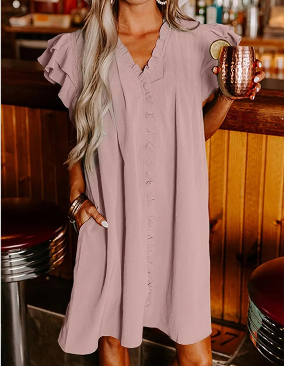 Womens Summer Dresses Flowy Comfy Ruffle Sleeve V Neck Mini Dress Casual Loose Solid Color Pleated Beach Sunderss
