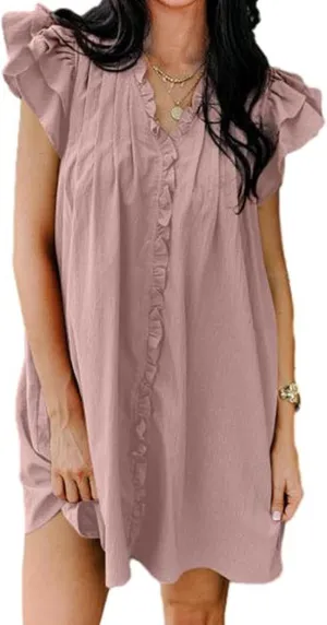 Womens Summer Dresses Flowy Comfy Ruffle Sleeve V Neck Mini Dress Casual Loose Solid Color Pleated Beach Sunderss