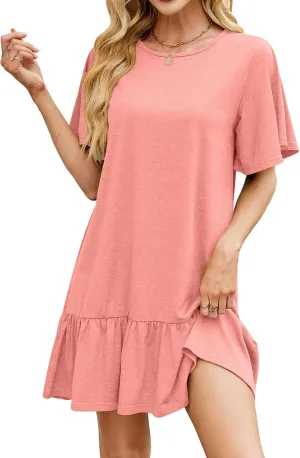 Womens Summer T Shirt Dress Ruffle Hem Casual Short Sleeve Crewneck Dresses Loose Fit Vacation Mini Dresses