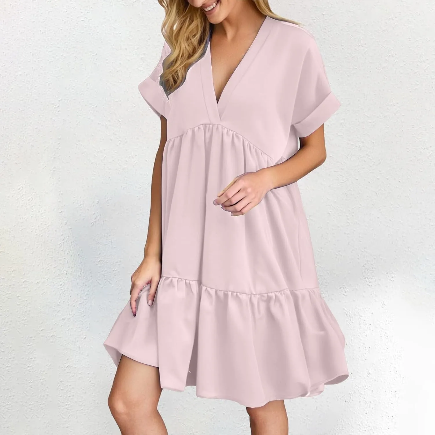XOWRTE Womens Summer Dress V Neck Short Sleeve Ruffle Hem Tiered Flowy Swing Midi Dresses 2025 Trendy Smock Beach Sundress